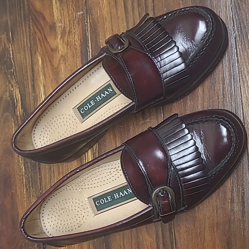 Cole Haan men's burgundy leather kiltie pinch buckle monk strap loafers size 7D